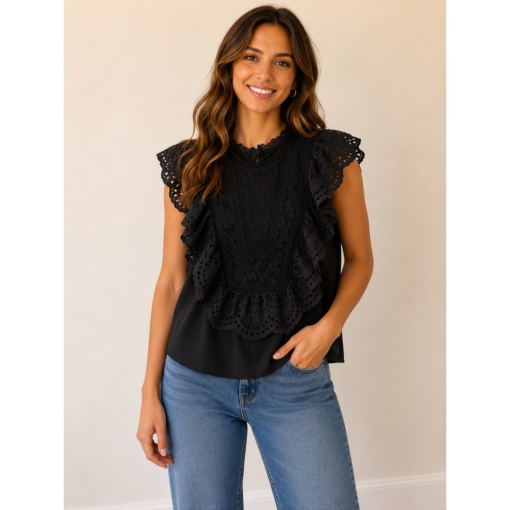 Anthropologie Black Eyelet and Lace Bib Detail Tank Top